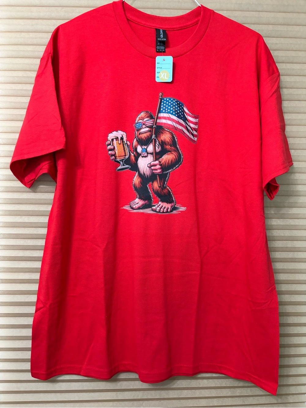 SPECIAL NEW Red Graphic Tee with Patriotic Bigfoot Holding Flag size XL